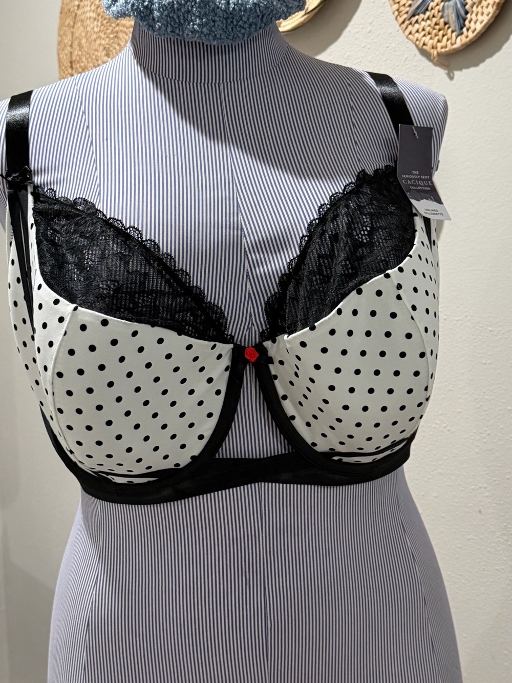 Cacique Black & White Polka Dot Lace-Trim Underwire Bra with Red Accent